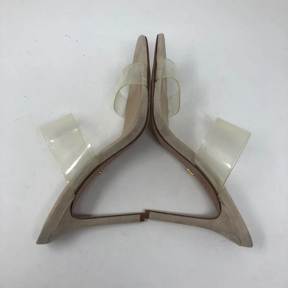Veronica Beard Asha Sandals Womens 7.5 Tan Suede Clear PVC Double Strap Stiletto